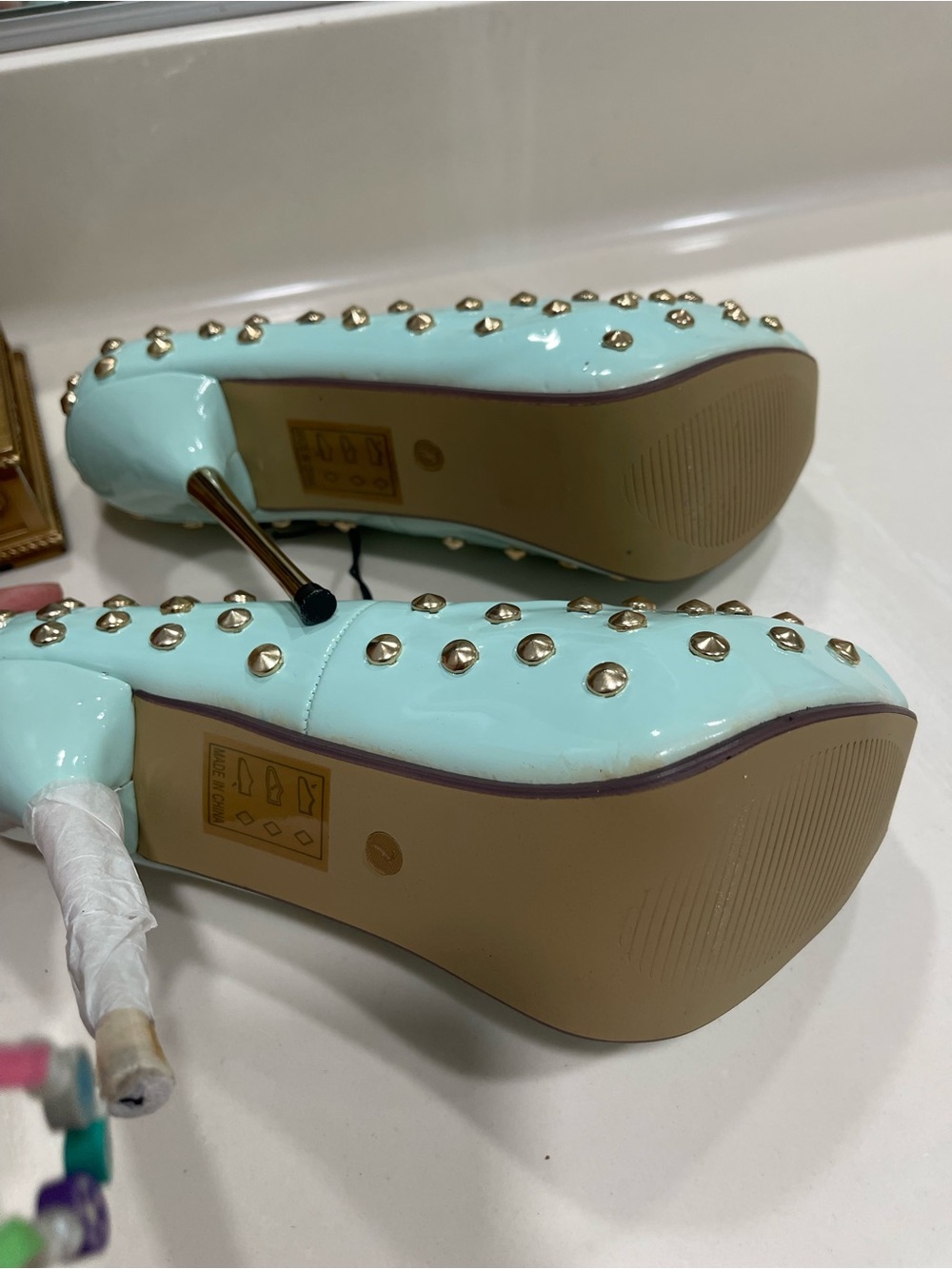 Wet Seal Mint Green Studded High Heel Pumps with Gold Accents - Picture 2 of 11